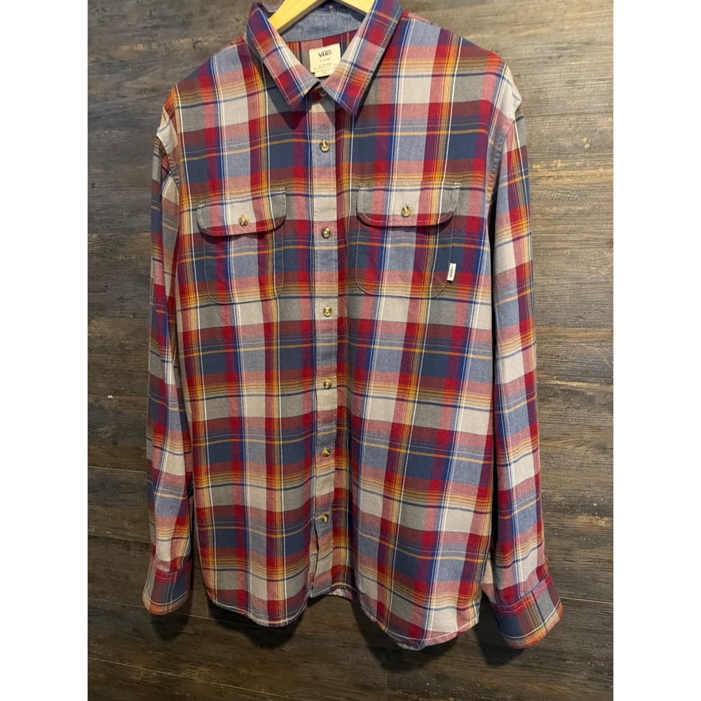 Vans Off The Wall Mens XL Red Blue Plaid Flannel Button Down Shirt VN-02KS7VU
